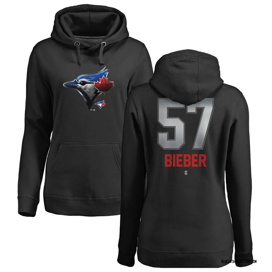 Women's Shane Bieber Toronto Blue Jays Black Midnight Mascot Pullover Hoodie -